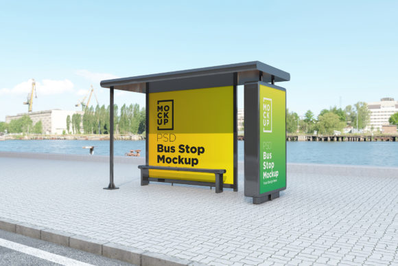 Bus Stop Shelter with Two Signage Mockup for Realistic Ad Presentations