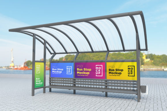 Bus Stop with Four Sign Product Mockup